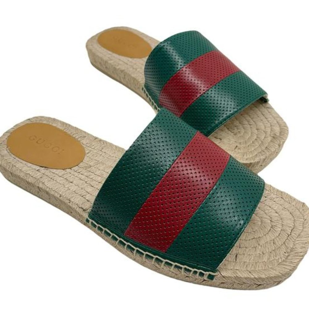Gucci Green and Red Web Striped Espadrille Slides NEW WITH BOX AND SHOE BAGS